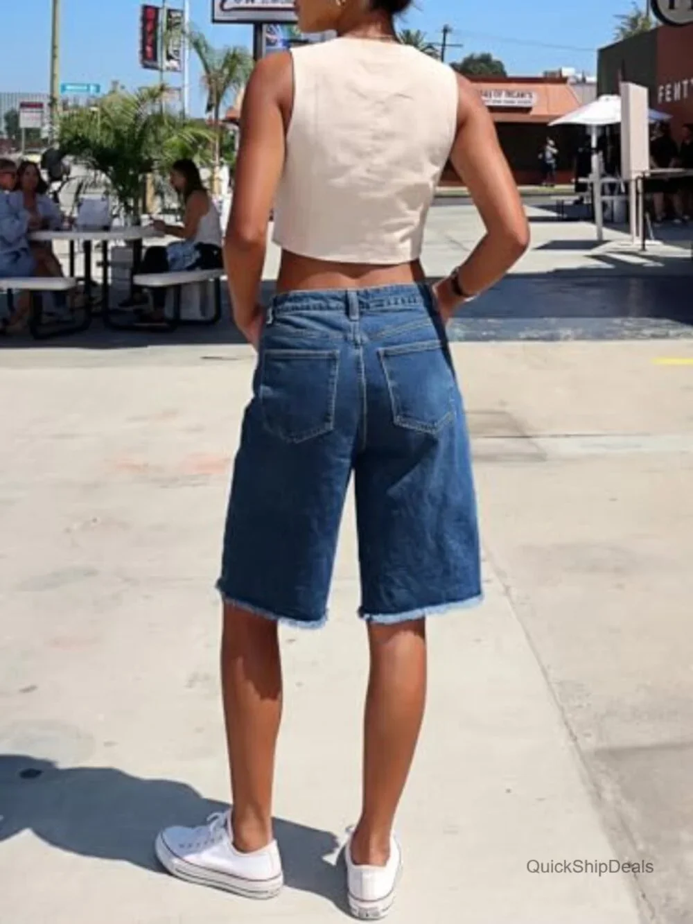 High Waisted Denim Shorts Bermuda Baggy Drawstring Raw Hem Jorts Knee Length